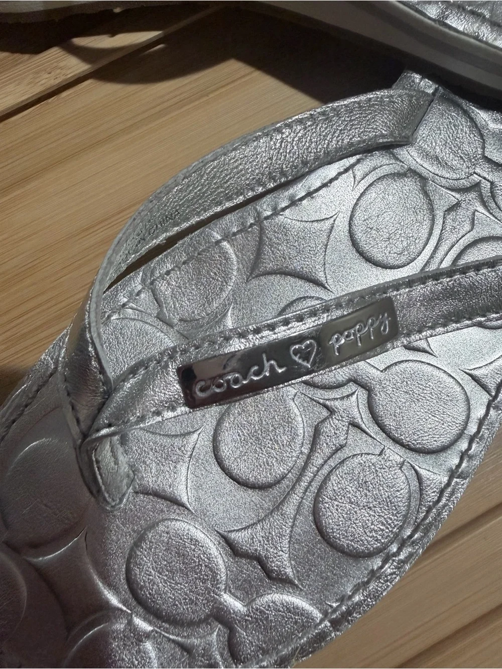 Coach Metallic Silver Signature Flip Flop Sandals